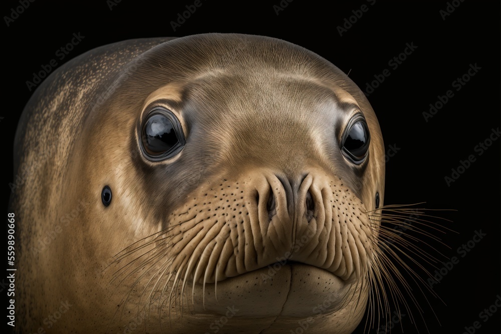 Poster a close up of a seal with a black background and a black background with a black background and a se