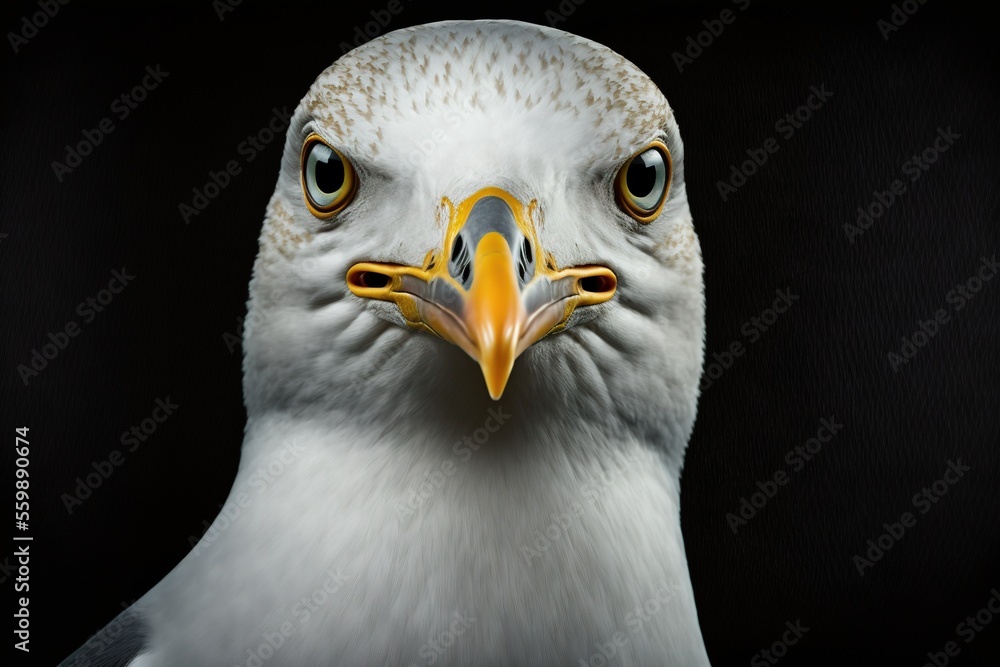 Poster a white bird with a yellow beak and a black background with a black background and a black backgroun