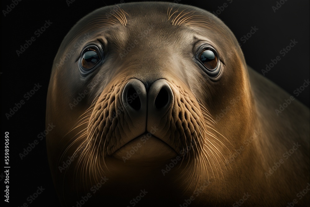 Poster a seal with a blue eye and a nose ring on a black background with a black background and a black bac
