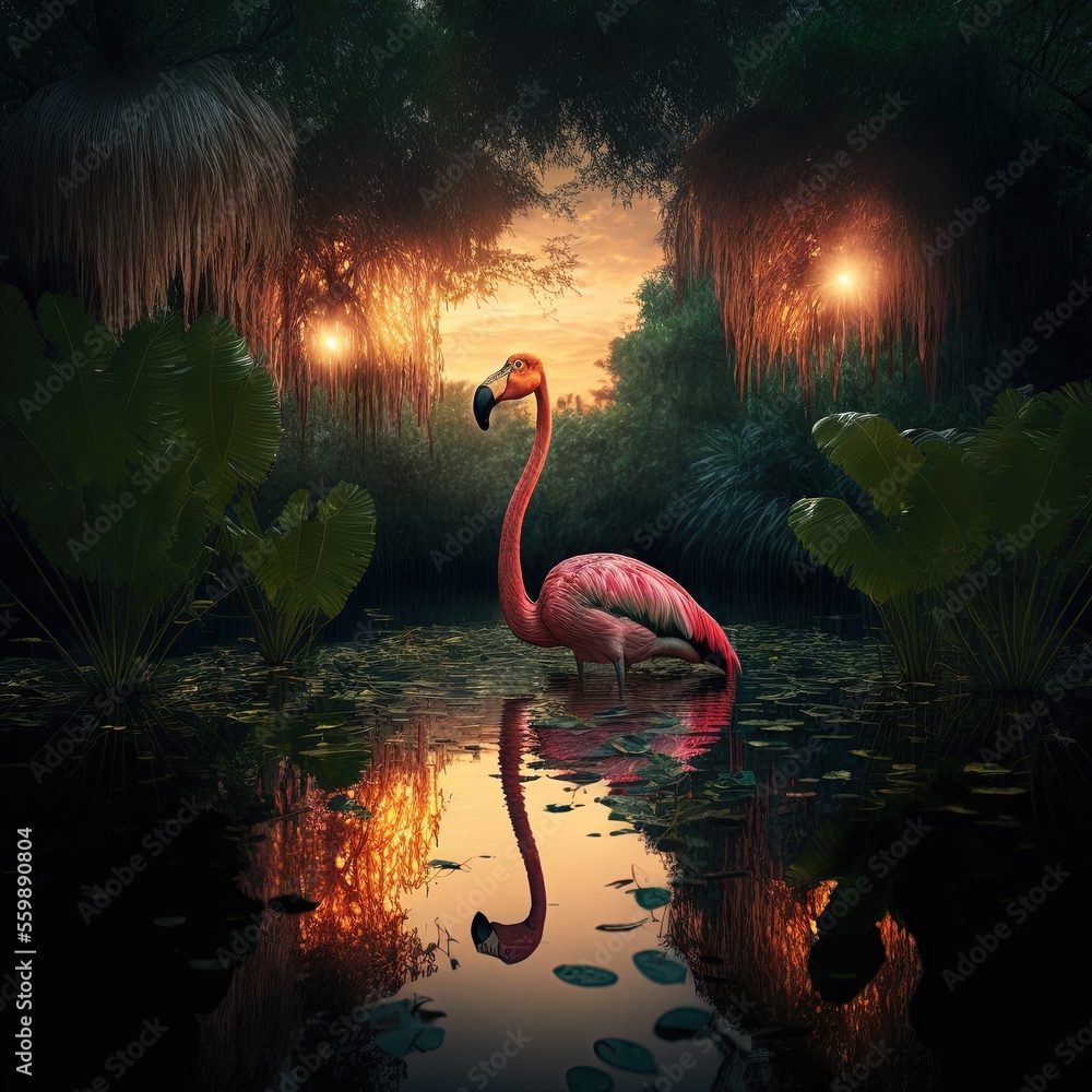 Poster a flamingo standing in a pond at night with a light on its head and a reflection in the water with l