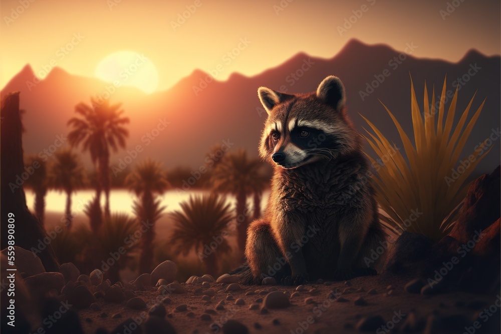 Poster a raccoon sitting on a rocky hillside at sunset with a mountain range in the background and a lake i