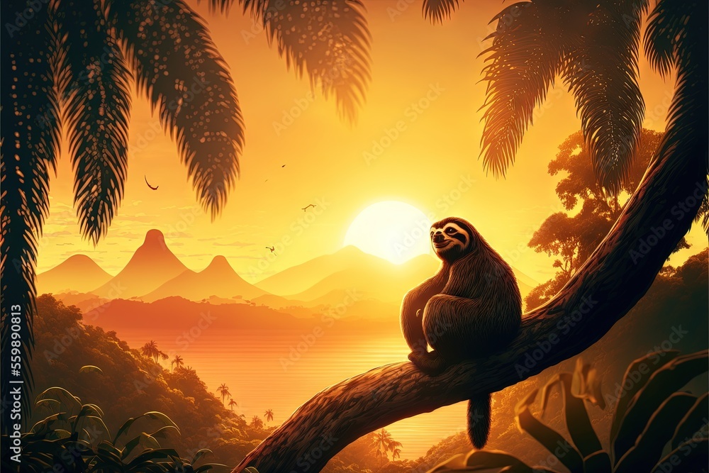 Poster a sloth sitting on a tree branch in a tropical setting with the sun setting behind it and mountains 