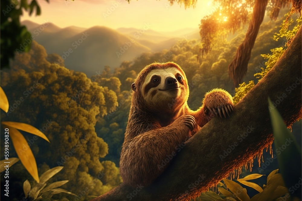 Poster a sloth is sitting in a tree and smiling at the camera while the sun is setting in the background an