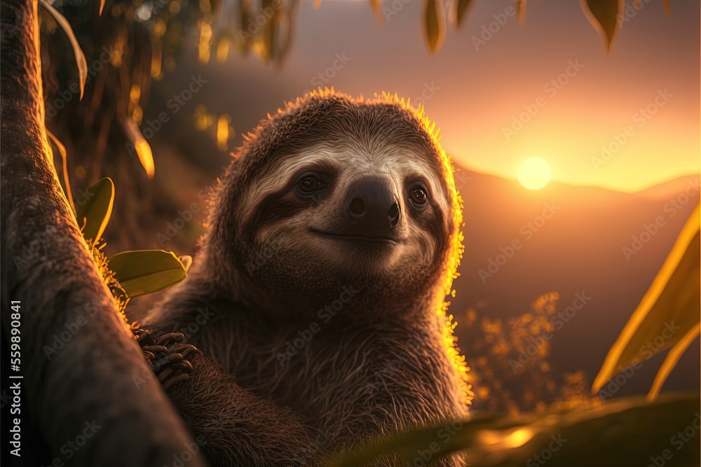 Poster a sloth hanging from a tree branch in the jungle at sunset or dawn with the sun setting behind it an