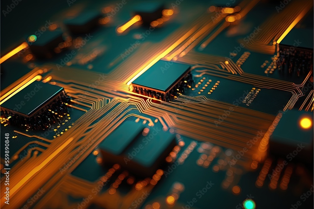 Poster a close up of a computer chip with a yellow light on it's side and a green background with yellow li