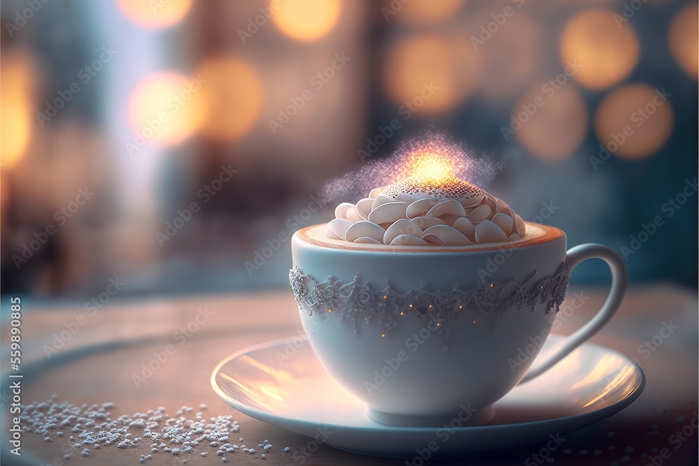 Poster a cup of hot chocolate with a small amount of sugar on top of it on a saucer on a table with a blurr