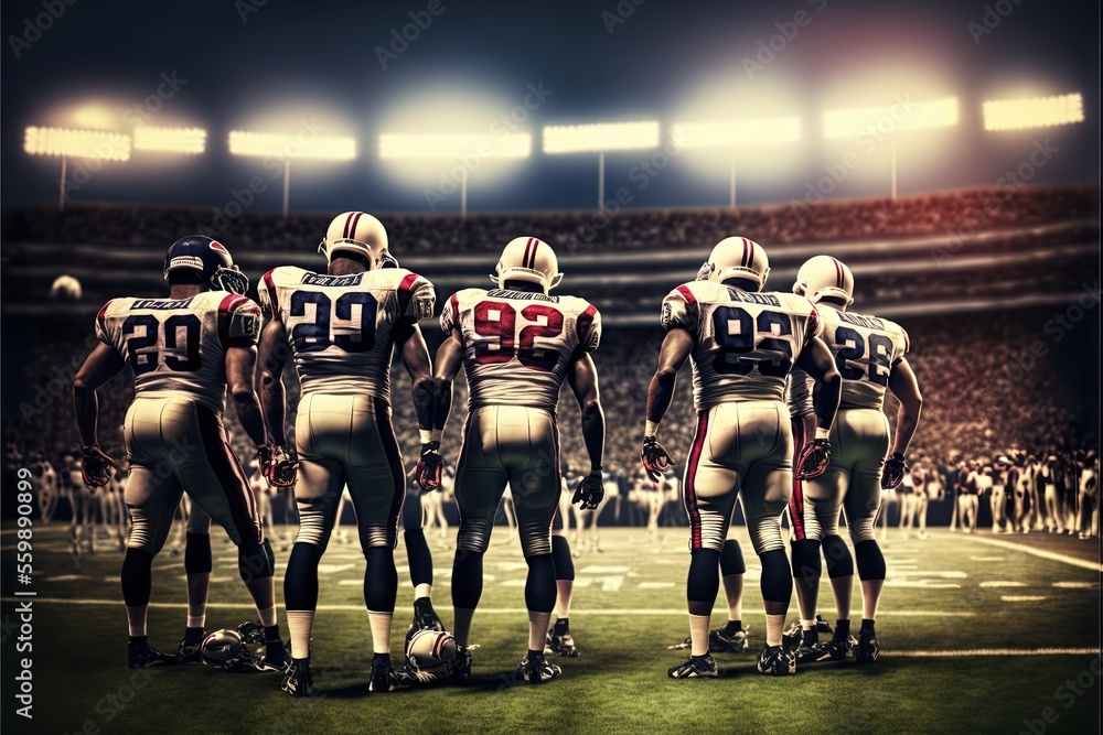 Poster a group of football players standing on a field in a stadium with a crowd watching them from the sta