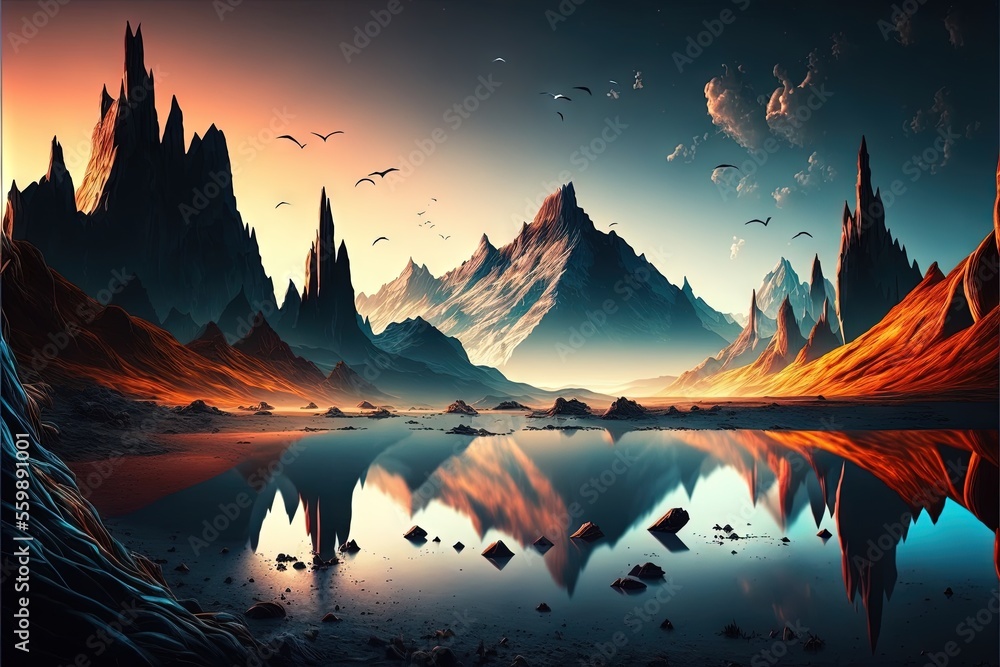 Poster a painting of a mountain lake with birds flying over it and a sunset in the background with a mounta