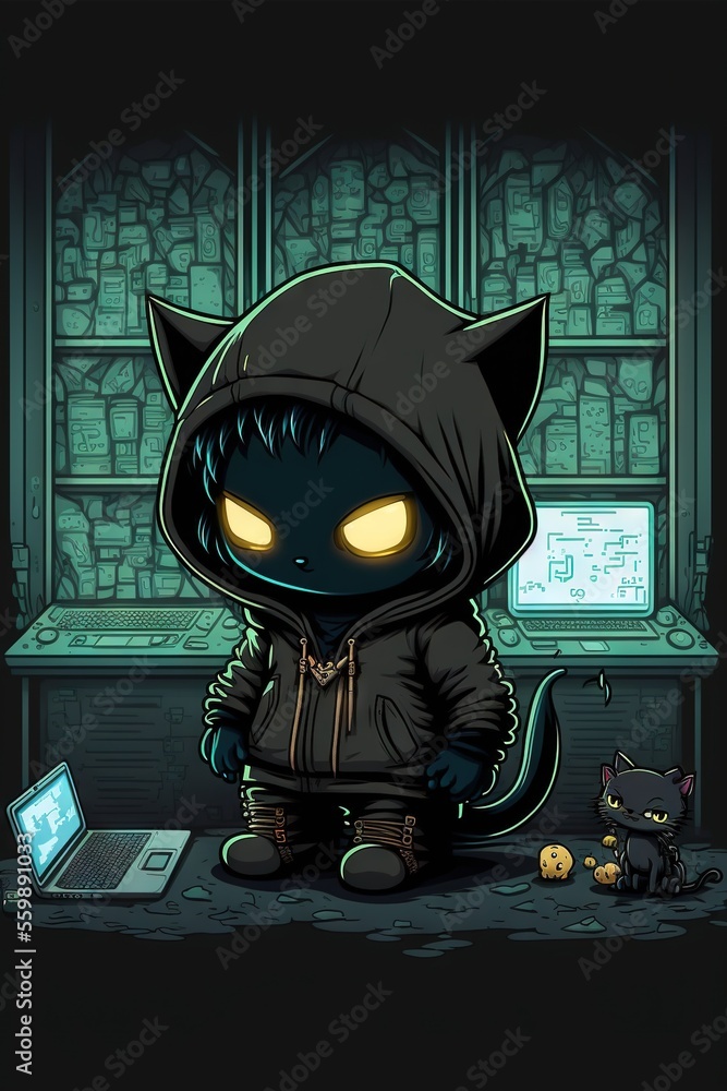 Poster a cat sitting on the ground next to a laptop computer and a cat with glowing eyes sitting on the flo