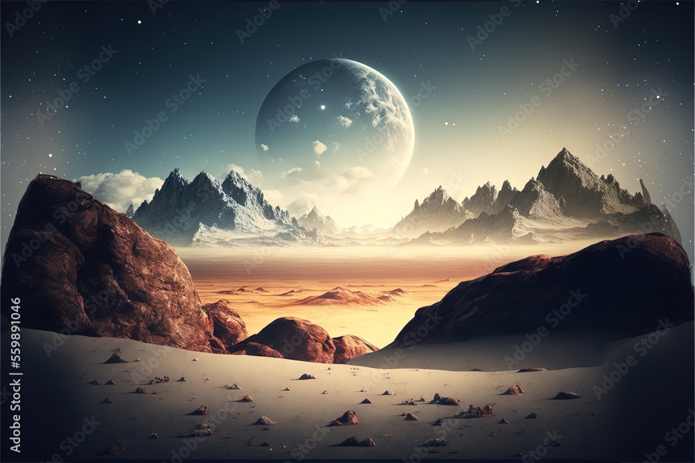 Poster a desert landscape with mountains and a moon in the sky with stars and a distant planet in the dista