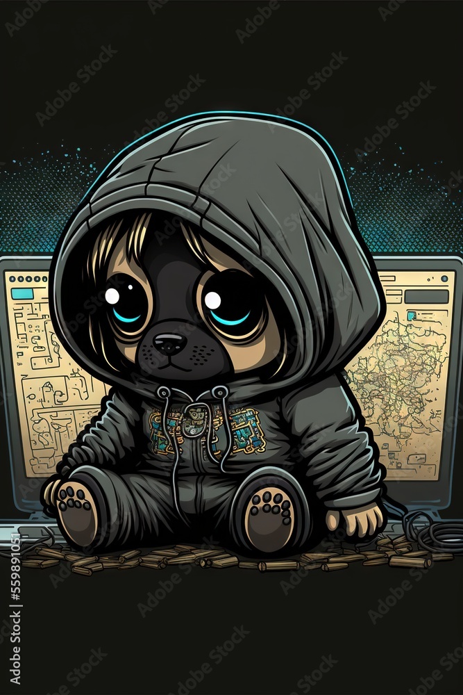Poster a little black cat sitting in front of a laptop computer with a hoodie on it's head and eyes wide op