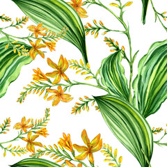 
Watercolor yellow sprigs of flowers in a seamless pattern. Can be used as fabric, wallpaper, wrap.