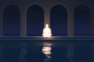 Night meditation in calm inspiring place on sea side with stars on background. 3d rendering concept of self-realization