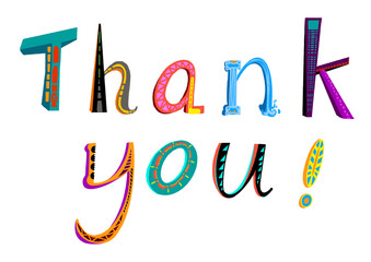 hand drawing colorful cartoon thank you text on transparent background.