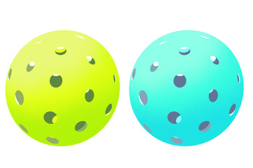 one yellow pickle ball and one blue pickle ball isolated on transparent background.