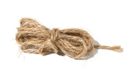 Brown twine rope on a white isolated background, top view. Packing natural