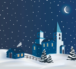 Vector night winter snowy countryside illustration
