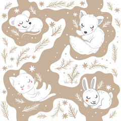 Fox, cat, hare, mouse. Little cute animals sleeping in their holes. Seamless vector pattern with hand drawn illustrations
