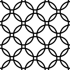 Interlocking circle. Monochrome circles pattern seamless. Geometric black and white overlapping circles design abstract background.	