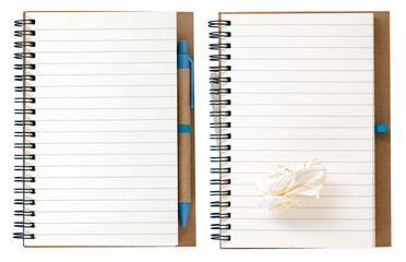 Notebook with lined pages on an isolated background. A crumpled sheet of paper on a blank blank...