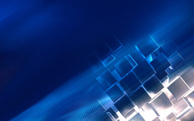 Modern minimalistic or technology abstract blue background with grid and cubes. Space moving wallpaper