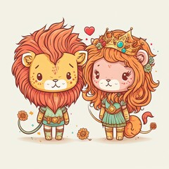 Obraz na płótnie Canvas illustration cute clip art child-like design, adorable lion and lioness couple in fantasy tribal costume