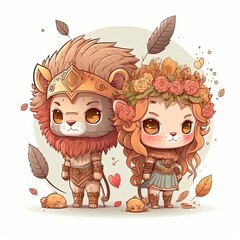 Fototapeta premium illustration cute clip art child-like design, adorable lion and lioness couple in ancient fantasy costume