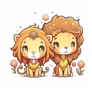  illustration cute clip art child-like design, adorable lion and lioness couple in tribal costume
