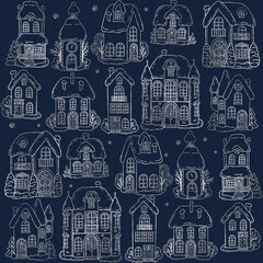 Little town streets in winter. Digital hand drawn illustration. Seamless pattern ornament with holiday theme