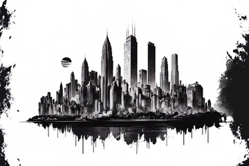 Fototapeta premium City skyline sketch illustration in black and white. Generative AI