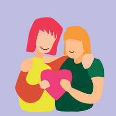 lesbian couple in love with pink heart. Saint Valentine's day vector illustration. Women hugging flat simple style