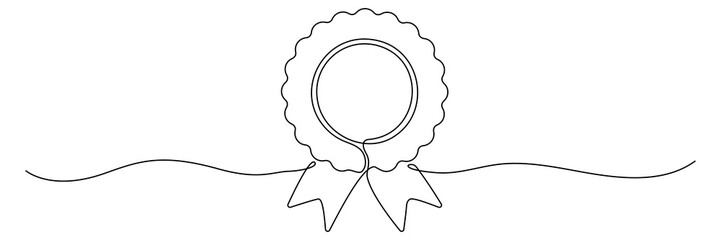 Award win ribbon continuous line art drawn. Certificate badge contour line. Vector illustration isolated on white.