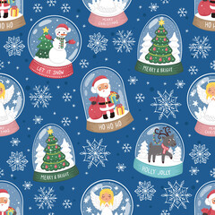 Snow globe with different characters - Santa, Deer, Tree, Angel, Snowman and snowflakes ornament. Vector seamless pattern with hand drawn illustrations on Christmas theme
