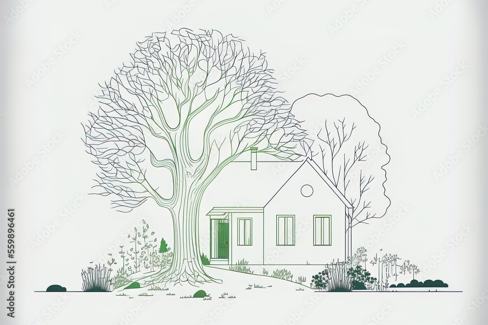 Poster continually drawn in one line is a little, green home in a hamlet with trees in the garden. conceptu
