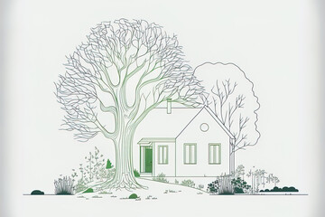 Fototapeta na wymiar Continually drawn in one line is a little, green home in a hamlet with trees in the garden. Conceptual illustration of a minimalistic natural dwelling. contemporary single line graphic illustration de