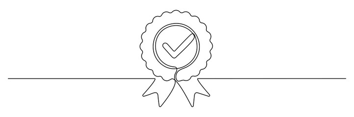Award badge continuous line art drawn. Approval check sign. Certificate contour line. Vector illustration isolated on white. © Віталій Баріда