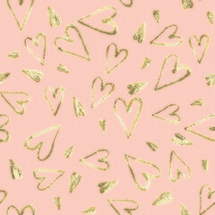 Golden glitter hearts on blush color backgrounds. Seamless pattern with digital illustrations with romantic theme