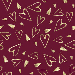 Golden glitter hearts. Seamless pattern with hand drawn illustrations with romantic, Valentine theme