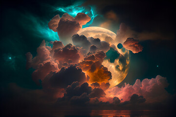 Colorful Cloudy Night Sky with Moon - AI Generated