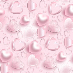 Seamless pattern with Valentine Romantic theme background with illustration of pink shimmer hearts for cards, posters, flyers, invitations