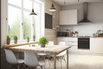 Kitchen with wooden table top and blurry backdrop in Scandinavian style. Generative AI