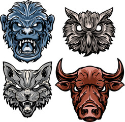 Hand drawn stilized face of monkey, owl, cat, bull. Illustration mascot art set.