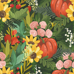 Pumpkin, tomatoes, sunflowers, roses and green foliage. Seamless vector pattern with garden theme hand drawn illustration
