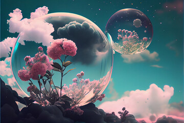 Surreal Moon Skyscape in the Clouds, flowers and nature