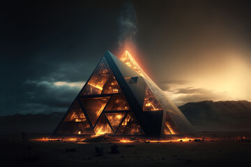 Sci-fi space background with pyramid. Science and technology platform on a galactic planet, stars, nebulae, night view, space. Ancient Egyptian pyramid, architecture, neon light. AI