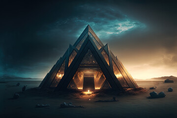 Sci-fi space background with pyramid. Science and technology platform on a galactic planet, stars, nebulae, night view, space. Ancient Egyptian pyramid, architecture, neon light. AI