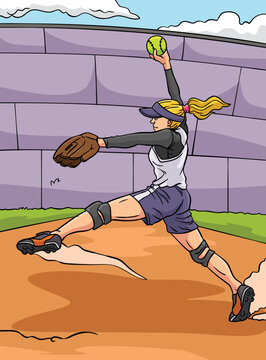 Softball Sports Colored Cartoon Illustration
