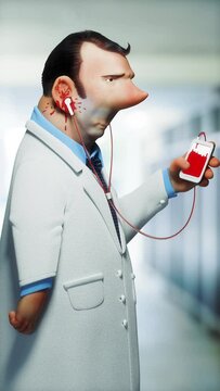 Doctor with Bleeding Ear Listening to Music 3D Animation Render