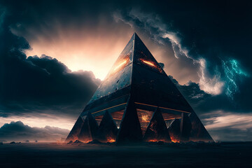Sci-fi space background with pyramid. Science and technology platform on a galactic planet, stars, nebulae, night view, space. Ancient Egyptian pyramid, architecture, neon light. AI