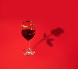 Glass of red wine for Valentine's with rose shadow behind on red background